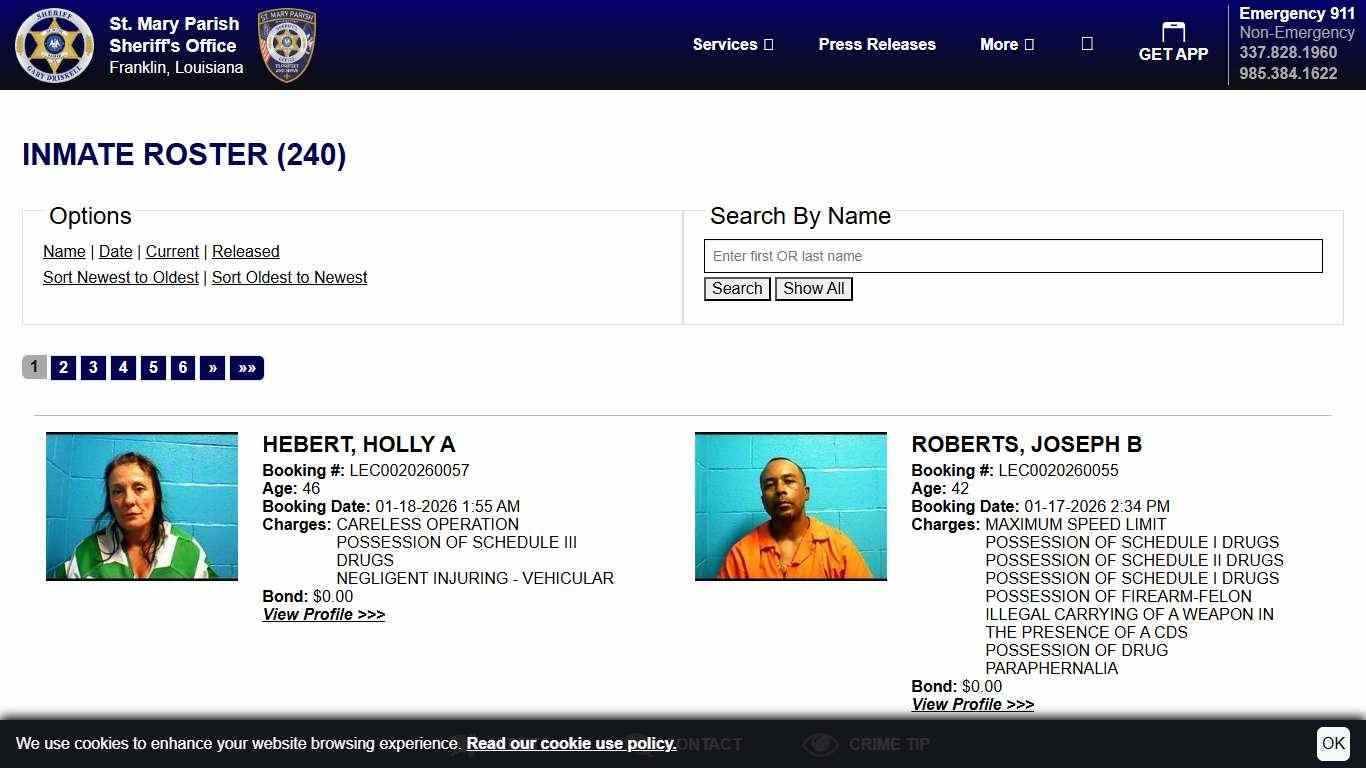 Inmate Roster | St. Mary Parish Sheriff's Office, Louisiana | Sort Booking Time - Descending | Page 1